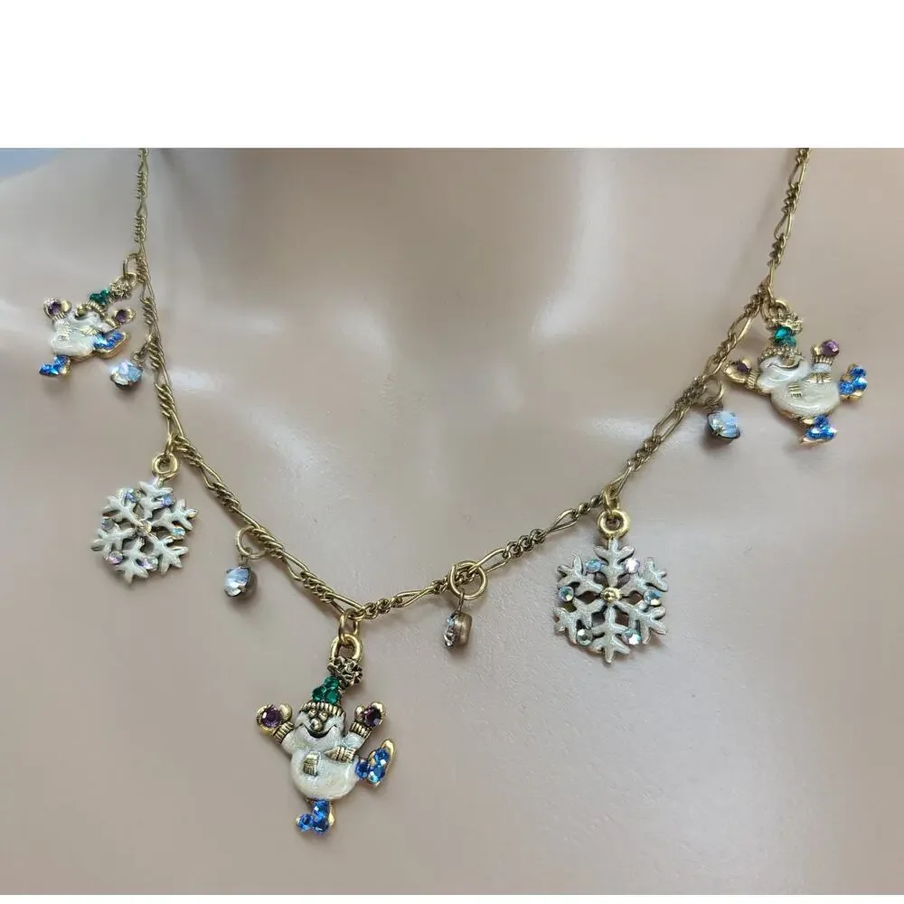 Vintage Anne Koplik Snowman & Snowflake Charm Necklace Antique Gold Tone Chain - Picture 3 of 6